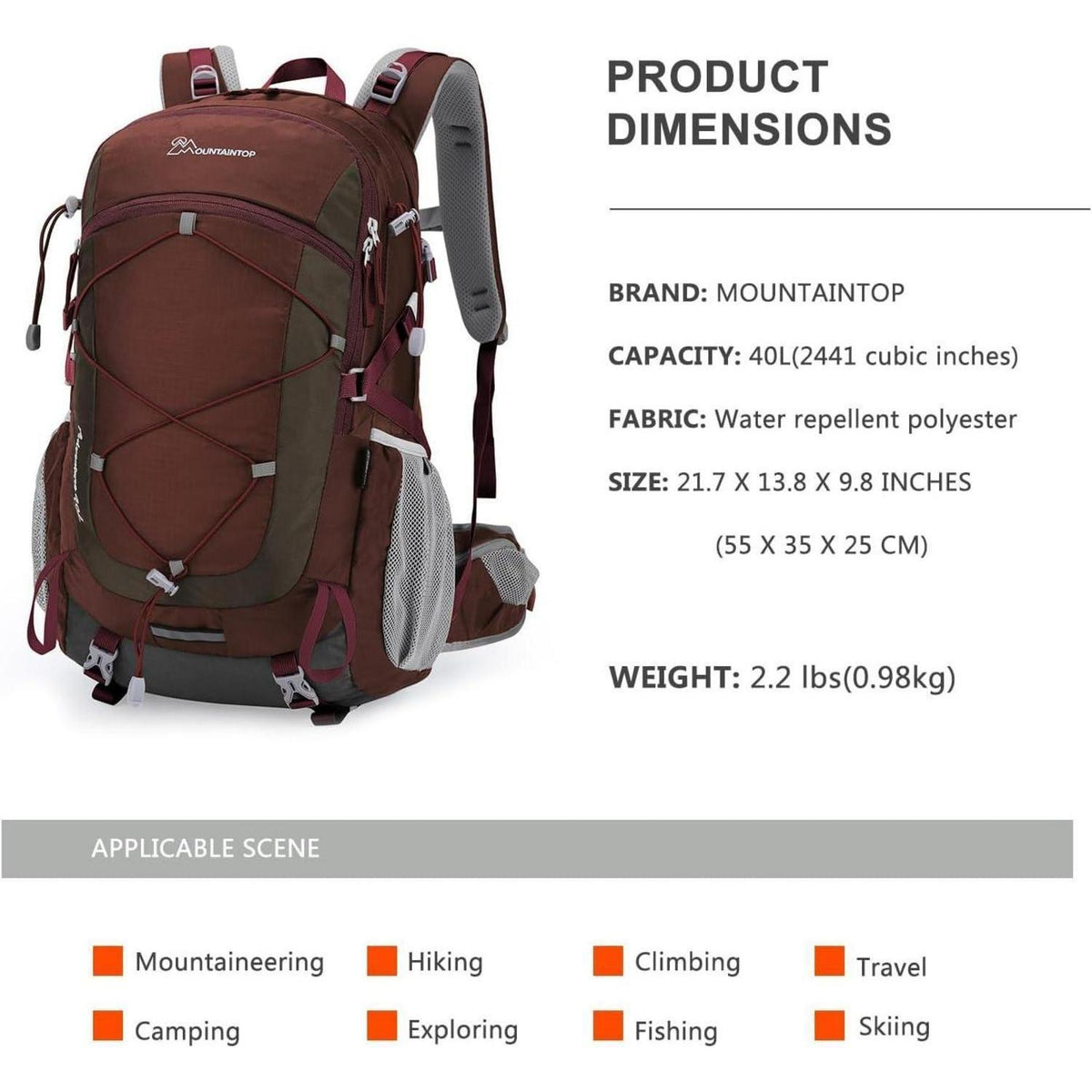 40L Wanderrucksack Granatrot - Trekking, Camping, Reisen
