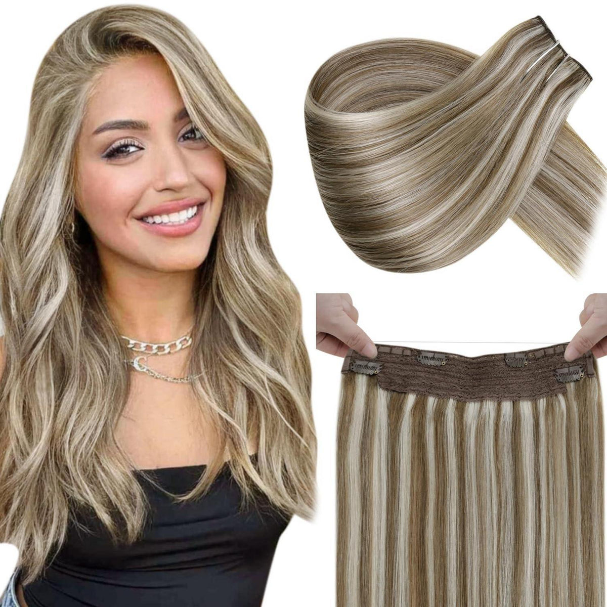 Echthaar Verlängerung mit Draht – Hellbraun/Blond Highlighted