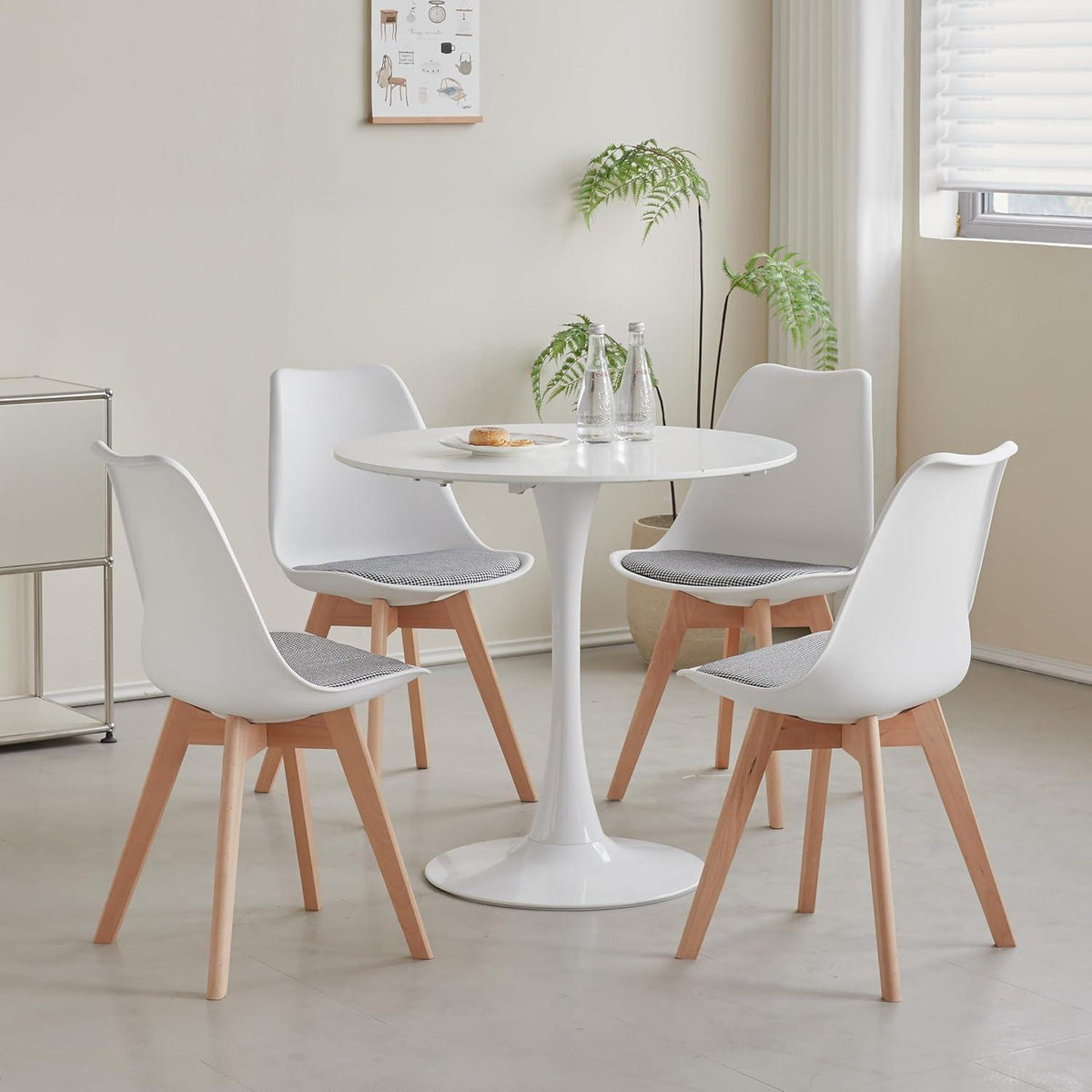 Skandinavische Esszimmerstühle 8er-Set Weiß | Massivholz & Gestreiftes Sitzkissen