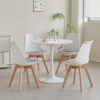 Skandinavische Esszimmerstühle 8er-Set Weiß | Massivholz & Gestreiftes Sitzkissen