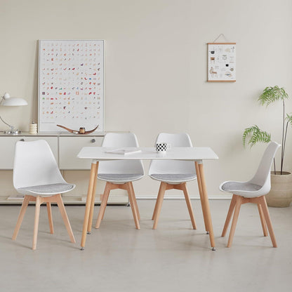 Skandinavische Esszimmerstühle 8er-Set Weiß | Massivholz & Gestreiftes Sitzkissen