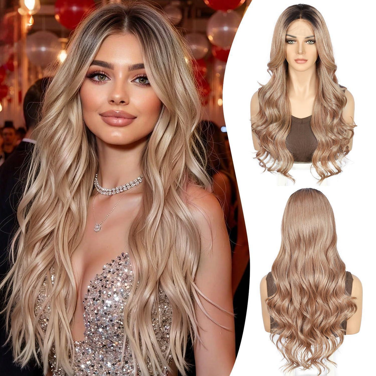 Rose Gold Körperwelle Spitze Front Perücke Synthetisch 26 Zoll