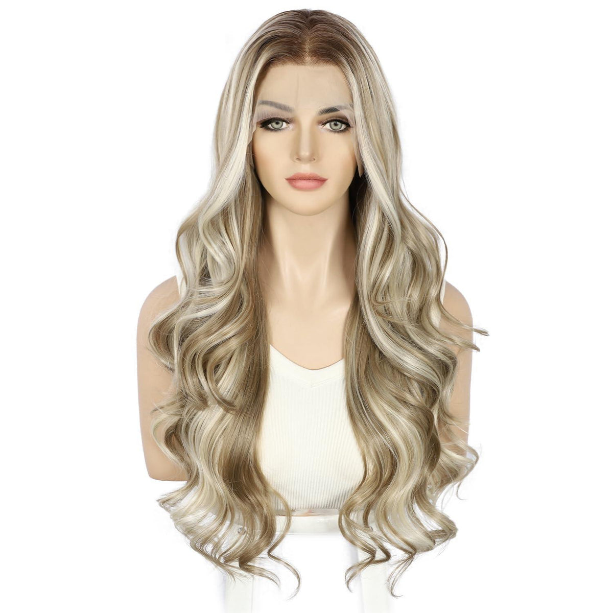 Blond Lockenperücke mit Spitze vorne – Synthetisch, 26 Zoll