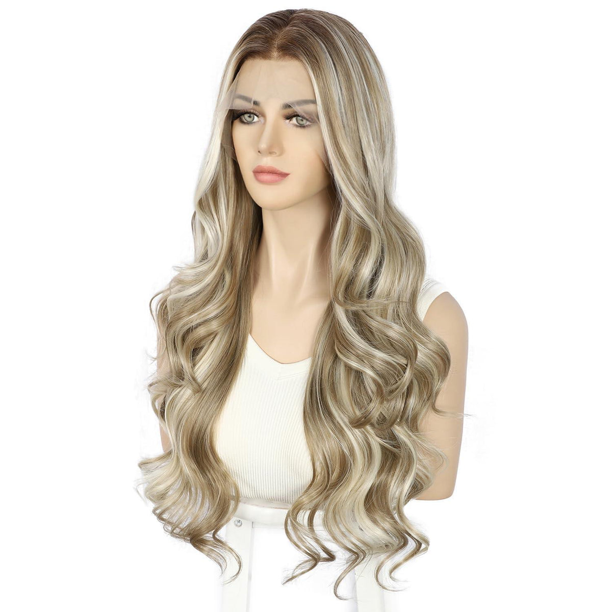 Blond Lockenperücke mit Spitze vorne – Synthetisch, 26 Zoll