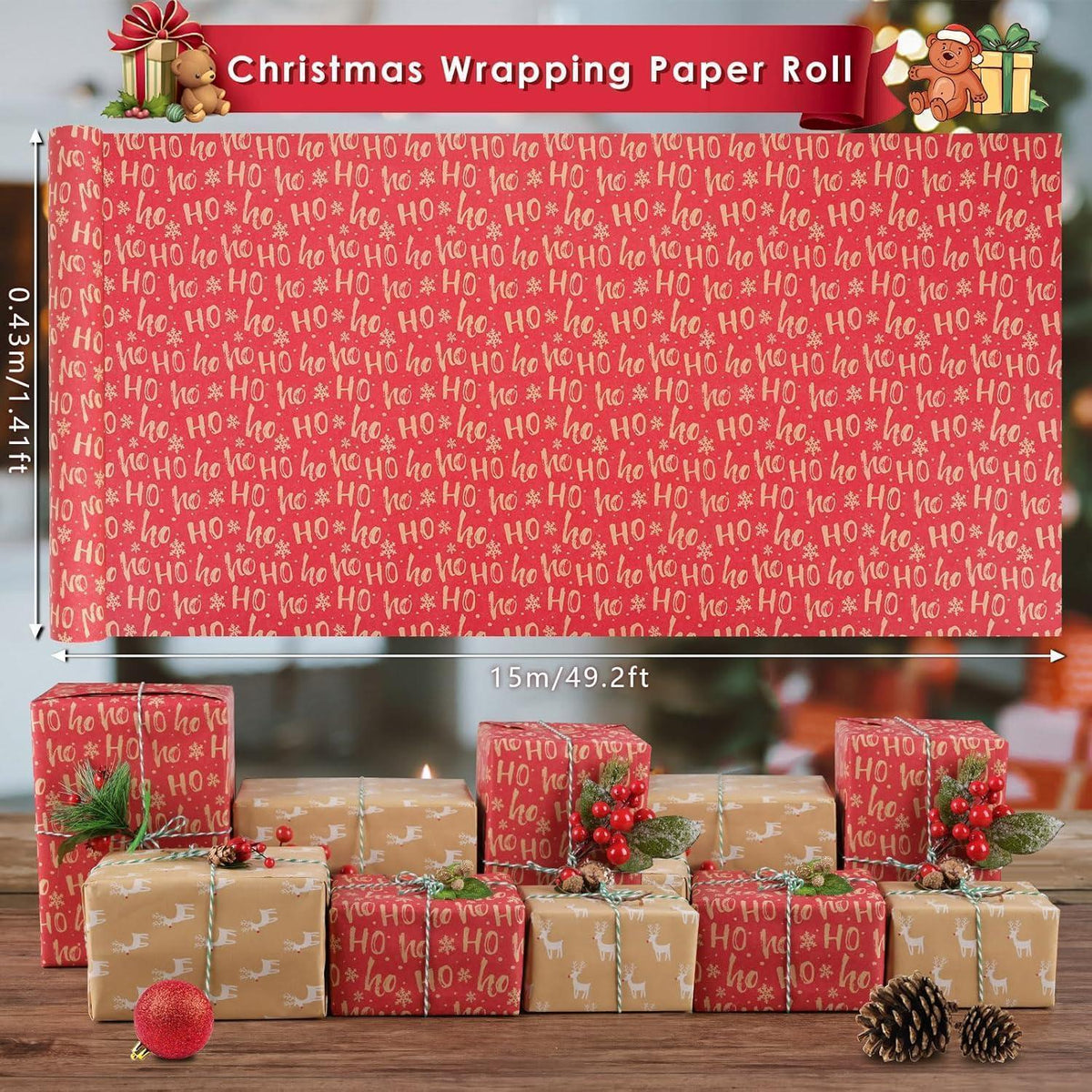 Geschenkpapier Set 2 Rollen Kraftpapier Weihnachten Schneeflocke Rentier