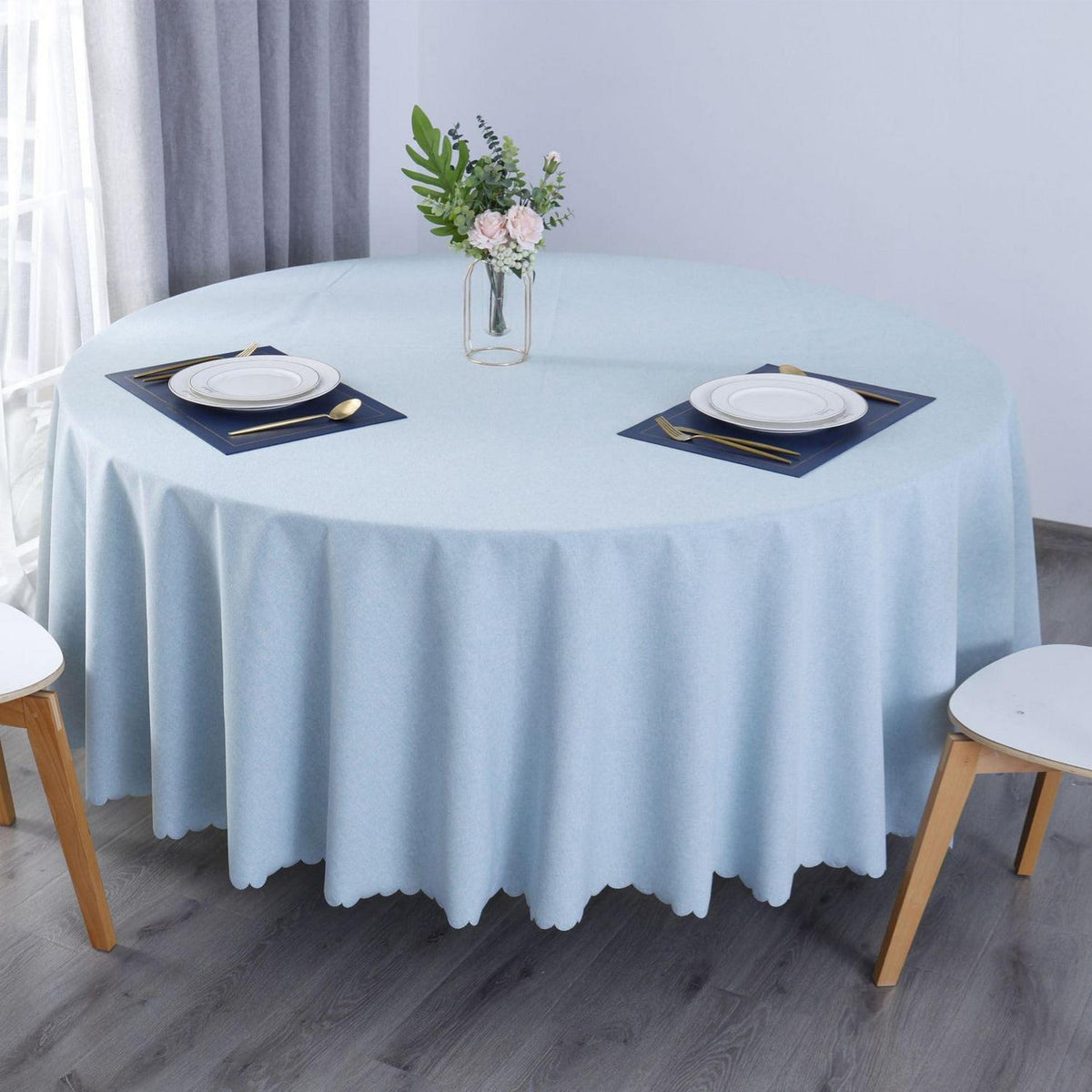 Runde Baumwoll-Leinen Tischdecke wasserabweisend, hellblau 240 cm