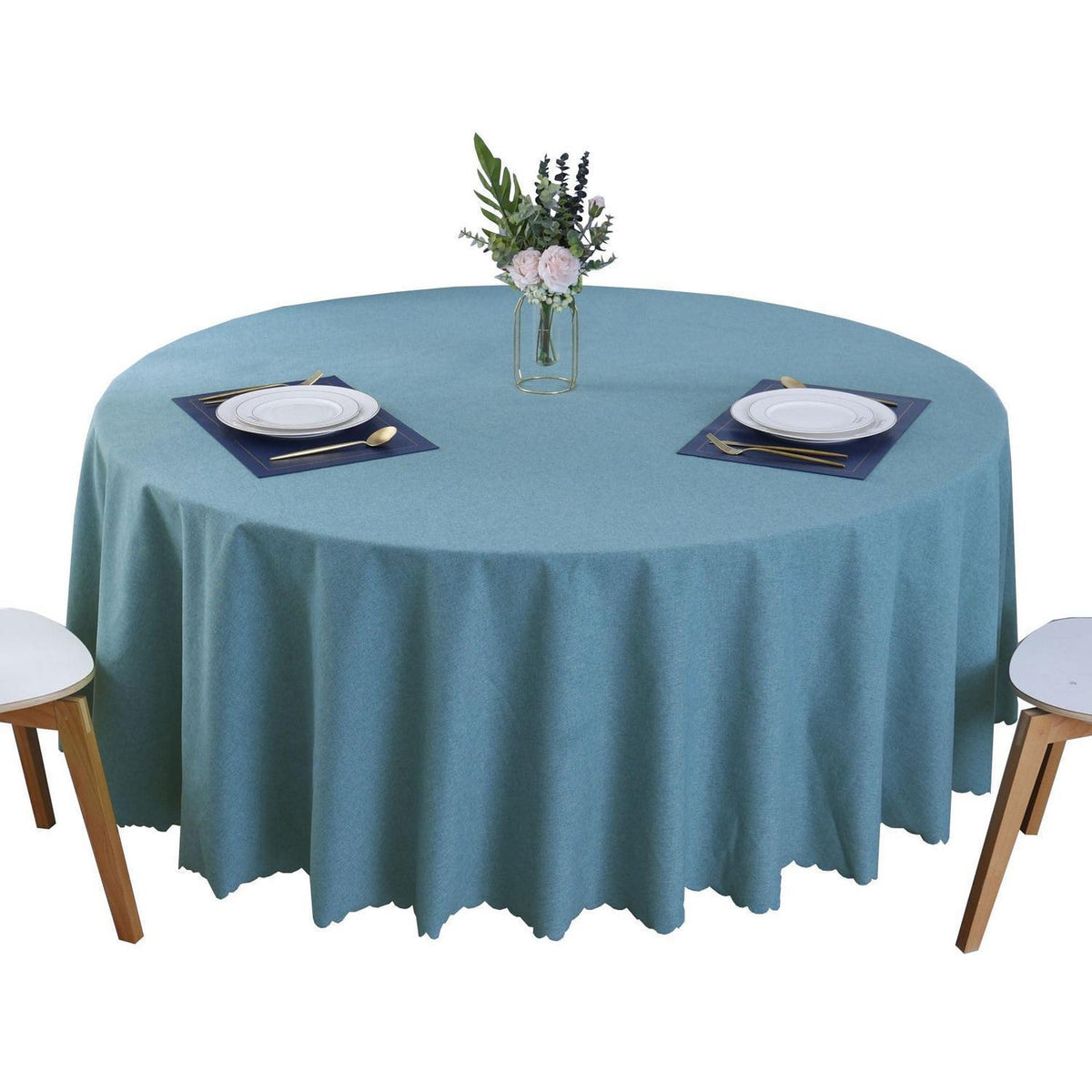 Runde Baumwoll-Leinen Tischdecke wasserabweisend, Pfauenblau 260 cm