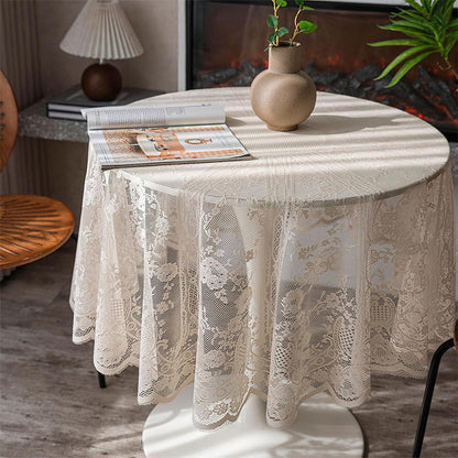 Runde Spitze Tischdecke Beige, Vintage Floral Bestickt