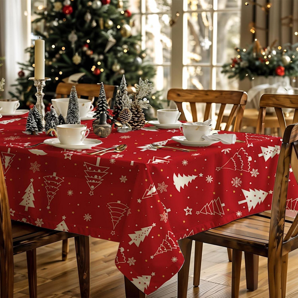 Weihnachtliches Tischtuch mit Weihnachtsbäume & Schneeflocken 142x213cm