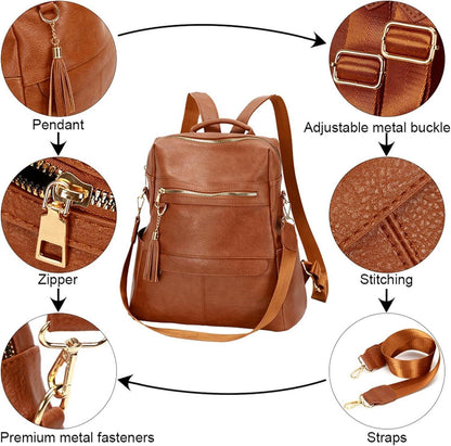 Leathario Damen Rucksack Vegan Leder Braun 2in1 Tagesrucksack