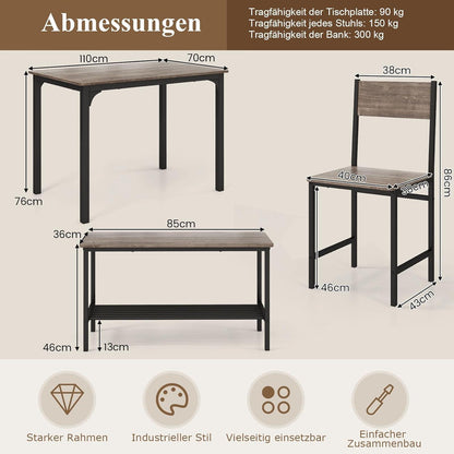 Esstisch Set 4-teilig mit Bank & Stühlen – Grau, Industriedesign