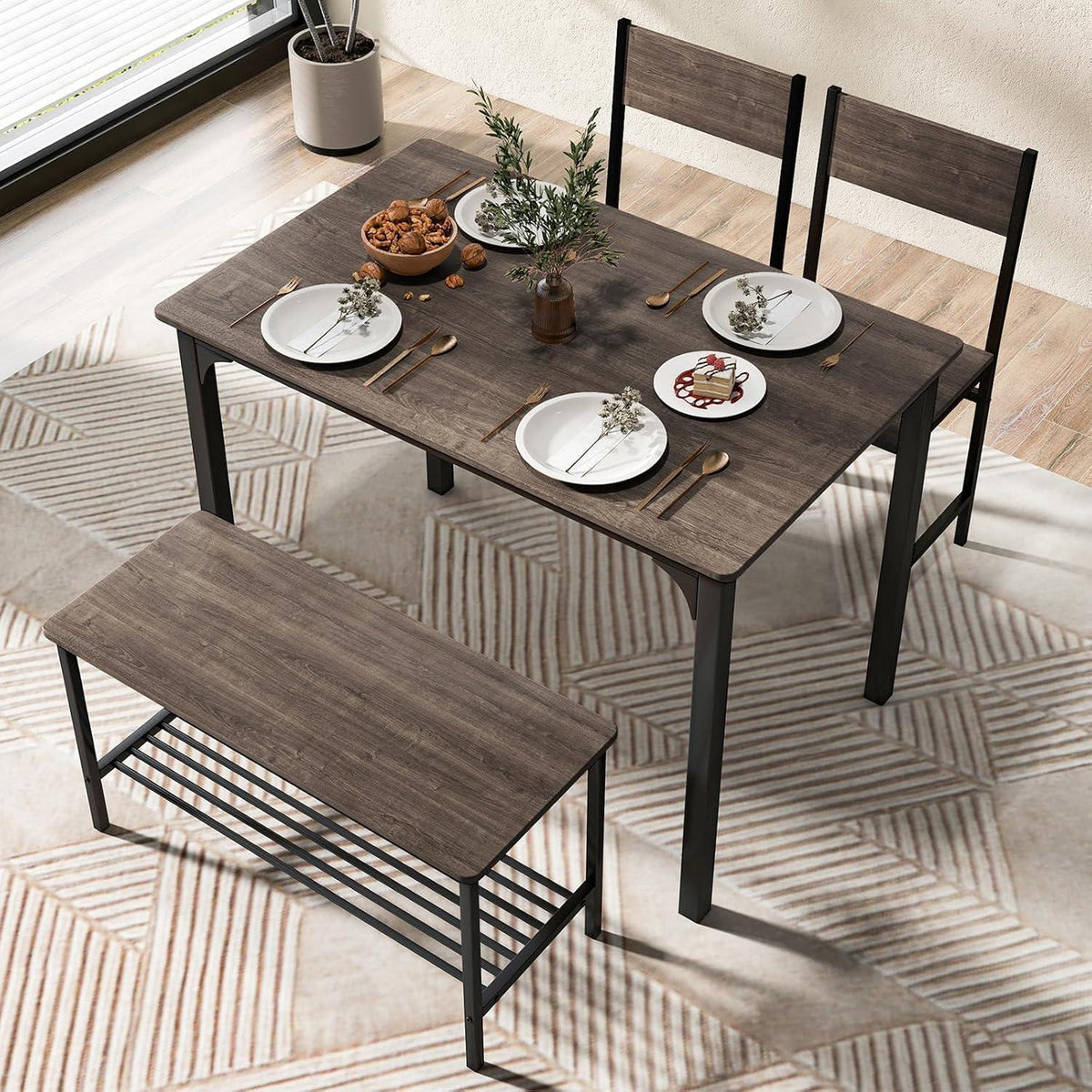 Esstisch Set 4-teilig mit Bank & Stühlen – Grau, Industriedesign