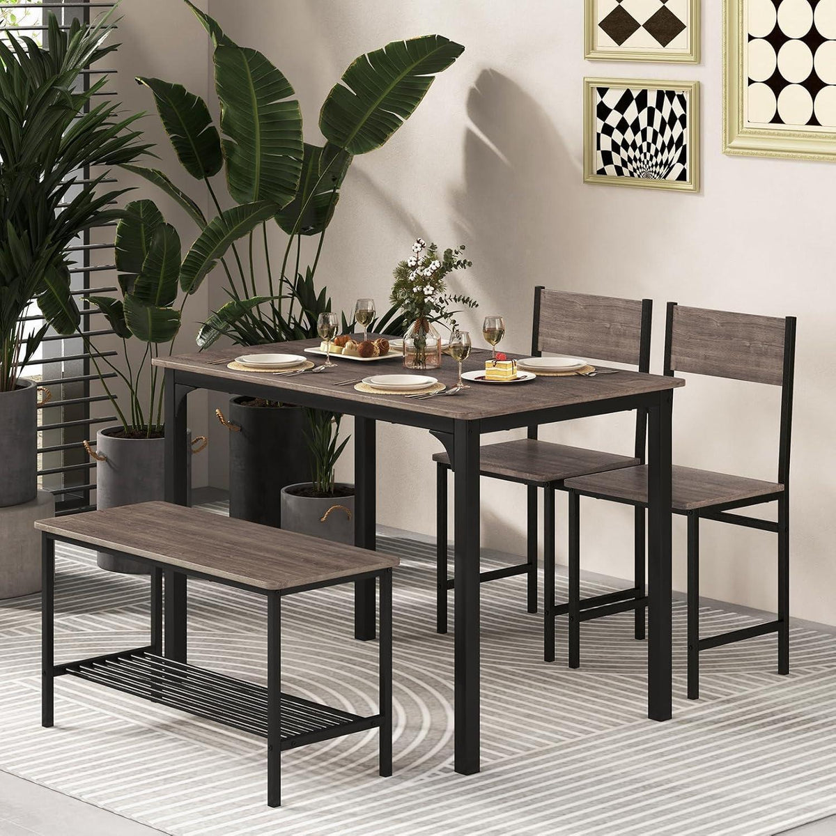 Esstisch Set 4-teilig mit Bank & Stühlen – Grau, Industriedesign
