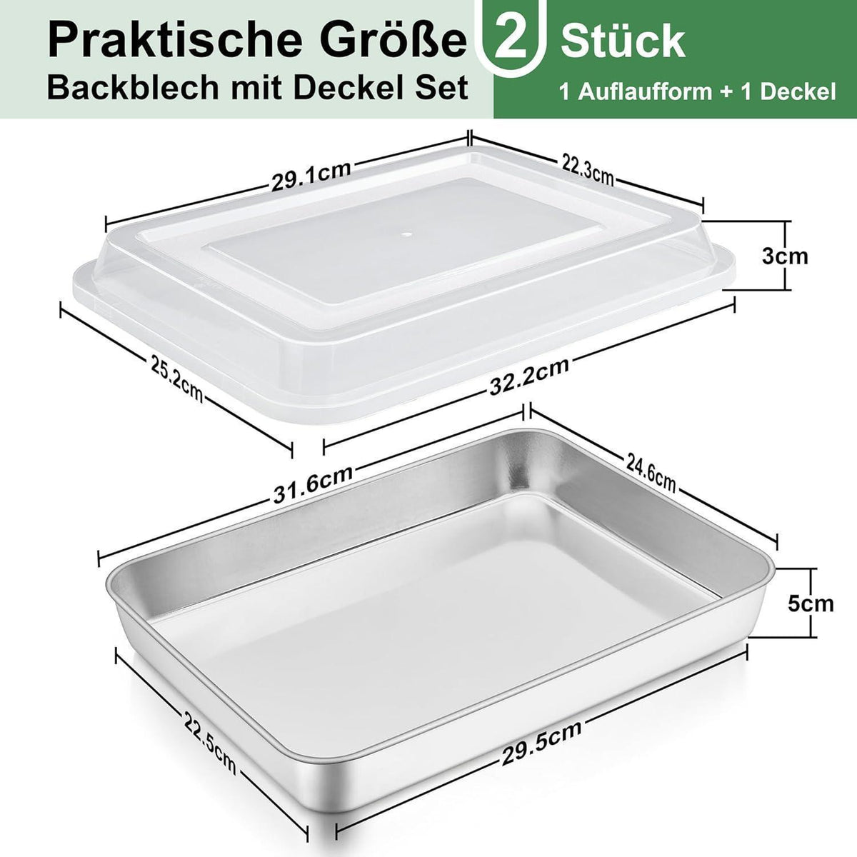 Backblech mit Deckel, Edelstahl, 31,6x24,6x5cm, Tief