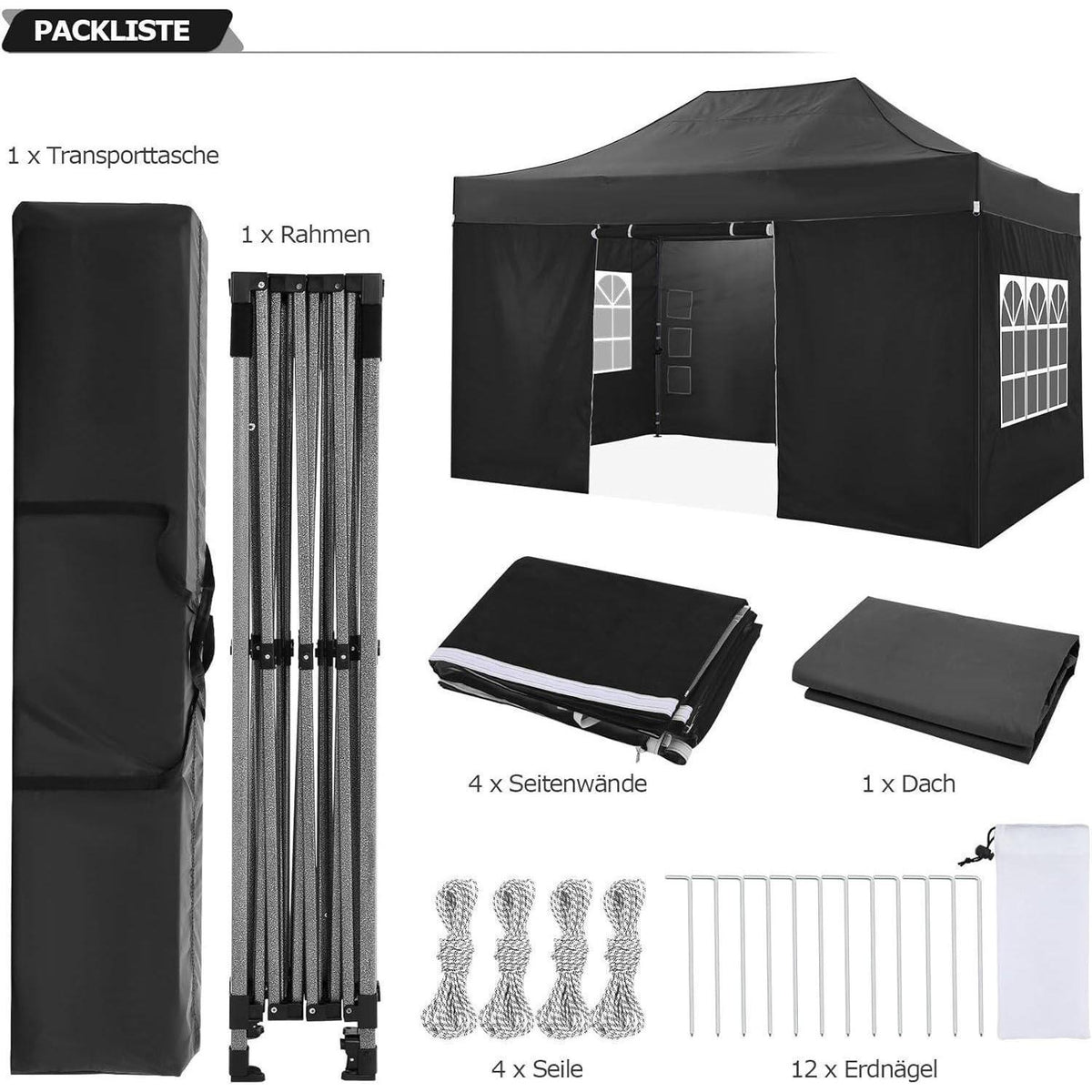 Faltpavillon 3x4,5m | Wasserdicht, Stabil & mit 4 Seitenwänden