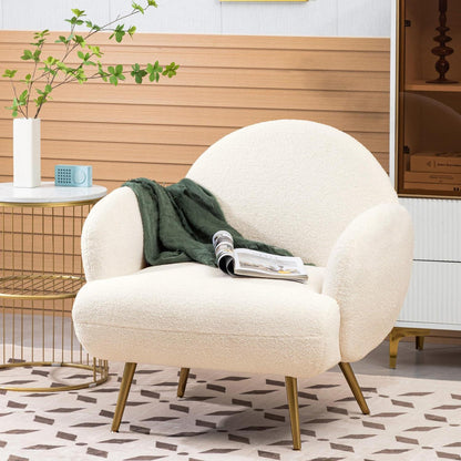 Moderner Loungesessel mit weichem Teddystoff & goldenen Beinen – Weiß