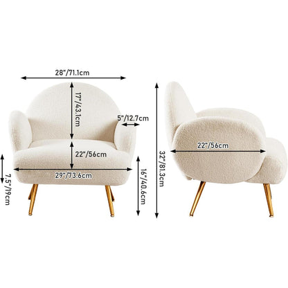 Moderner Loungesessel mit weichem Teddystoff & goldenen Beinen – Weiß