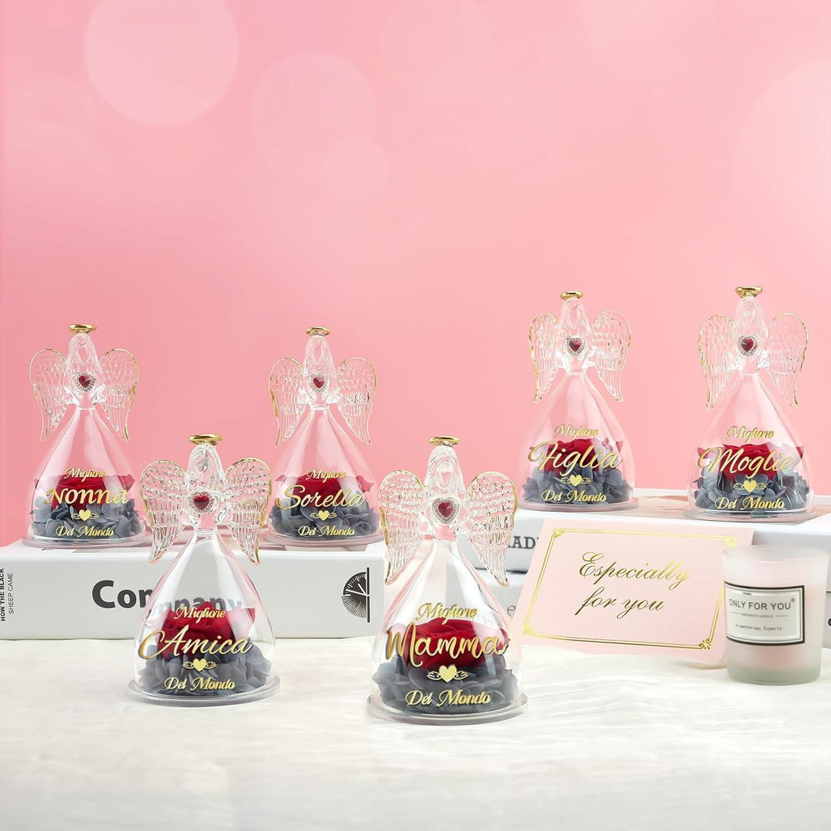Geschenk für Oma, Beste Oma der Welt, Ewige Rose in Engel Glaskuppel