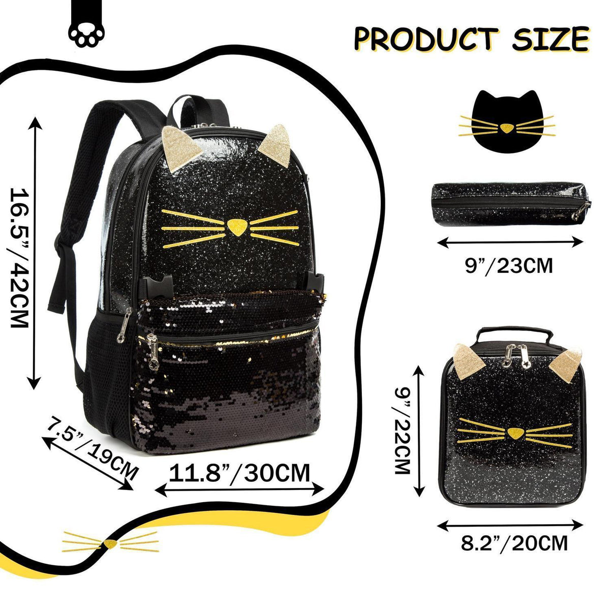 Mädchen Rolling Backpack Set mit Rädern & Lunchbox Katze