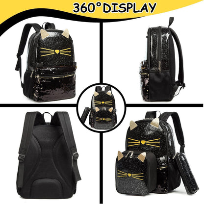 Mädchen Rolling Backpack Set mit Rädern & Lunchbox Katze