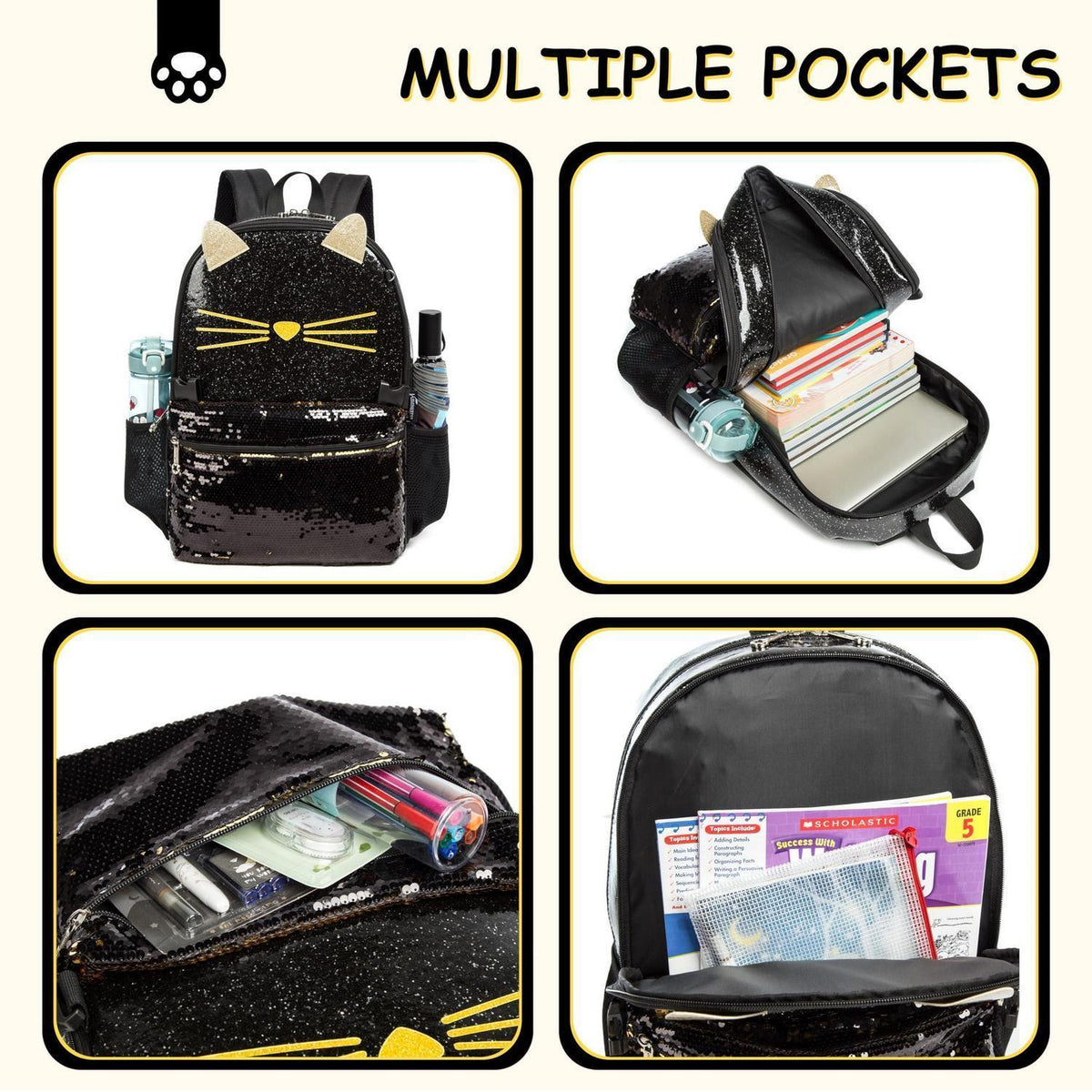 Mädchen Rolling Backpack Set mit Rädern & Lunchbox Katze