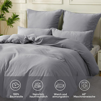 Doppel-Musselin Bettwäsche 220x240 Grau Baumwolle mit Kissenbezügen