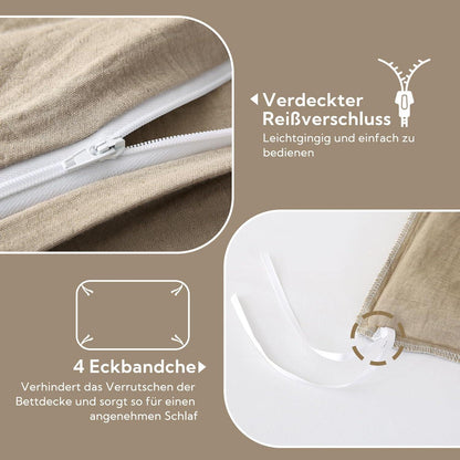 SOULFUL Doppelte Musselin Bettwäsche 220x240 Baumwolle Beige 3tlg. 220*240cm 2x 80*80cm