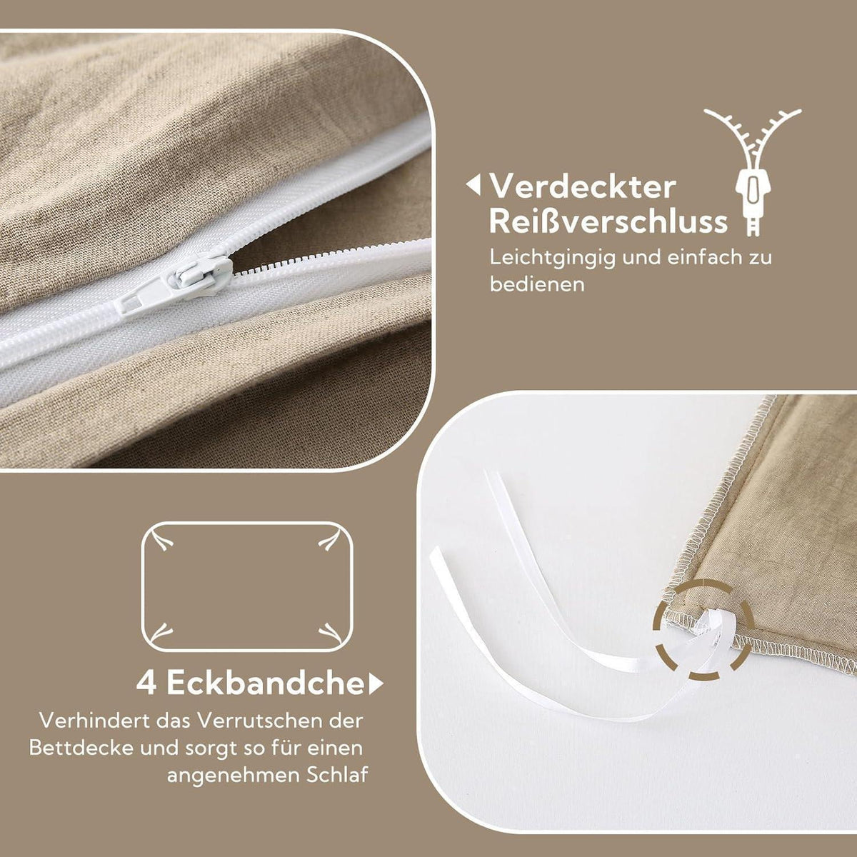 Doppelmuslin Bettwäsche 135x200 Kaffeebraun 4-teilig Baumwolle