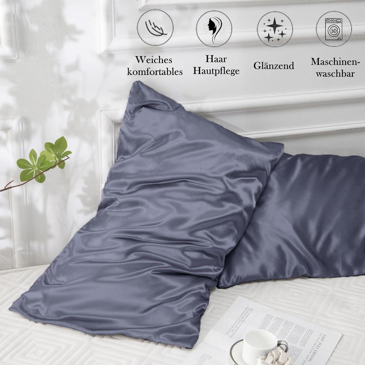 Satin Kissenbezug 40x80 Blau Violett 2er Set Haargummis