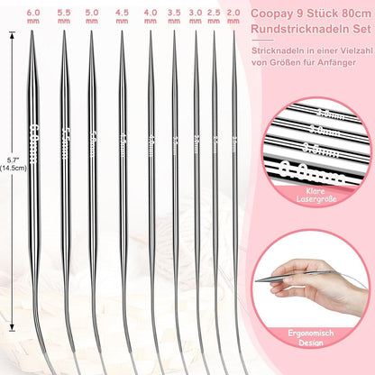 Rundstricknadel Set Edelstahl 9tlg. 2,0-6,0mm für Strickprojekte