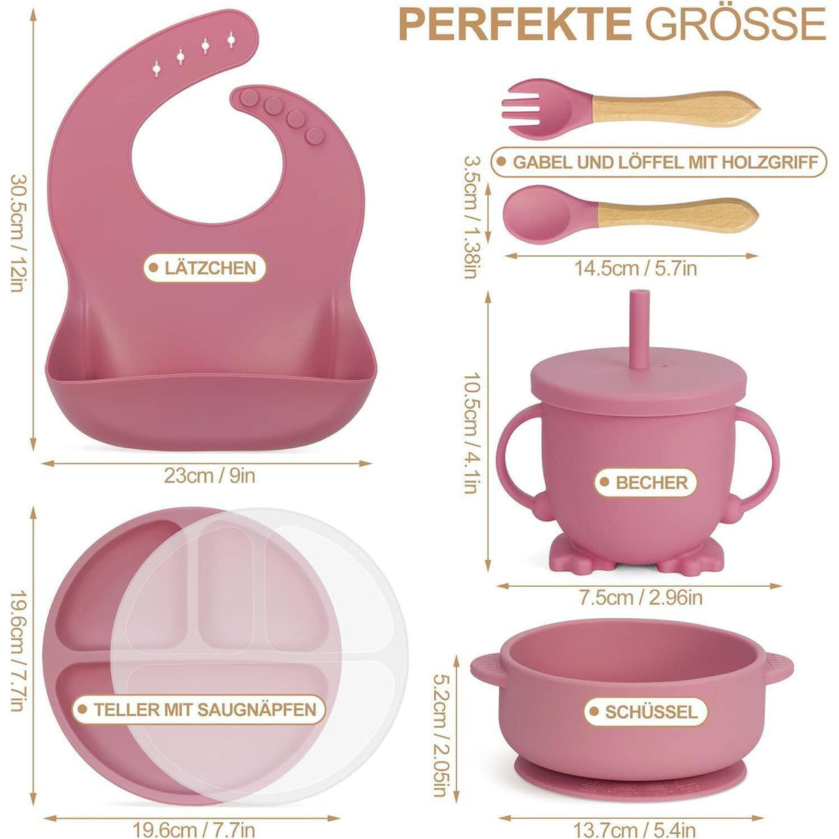 Silikon Baby Geschirr Set 7-teilig mit Saugnapf & Lätzchen Rosa