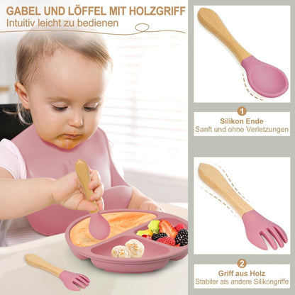 Silikon Baby Geschirr Set 7-teilig mit Saugnapf & Lätzchen Rosa