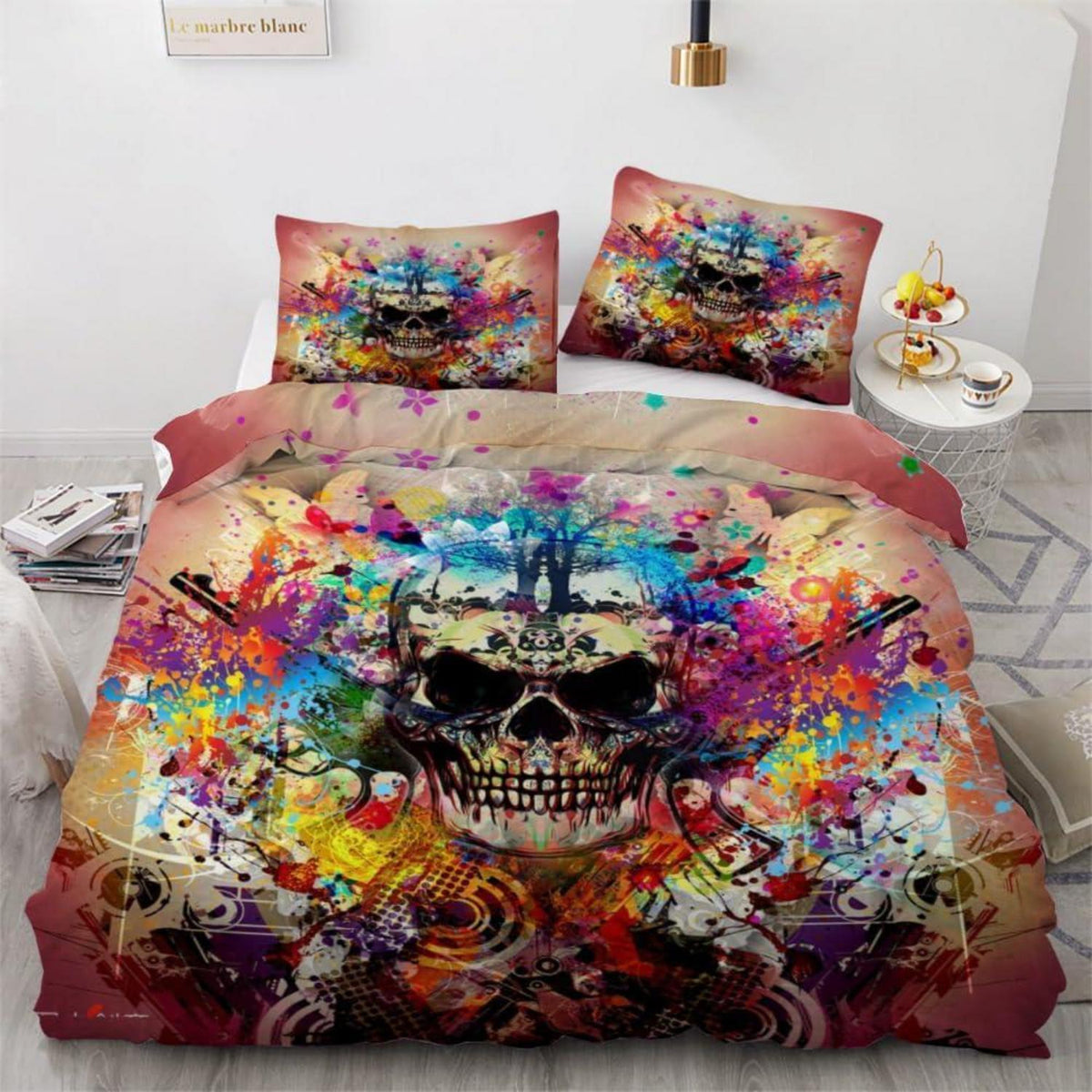 Schädel 3D Bettwäsche-Set 220x240 cm | Mikrofaser Bettbezug & Kissenbezüge