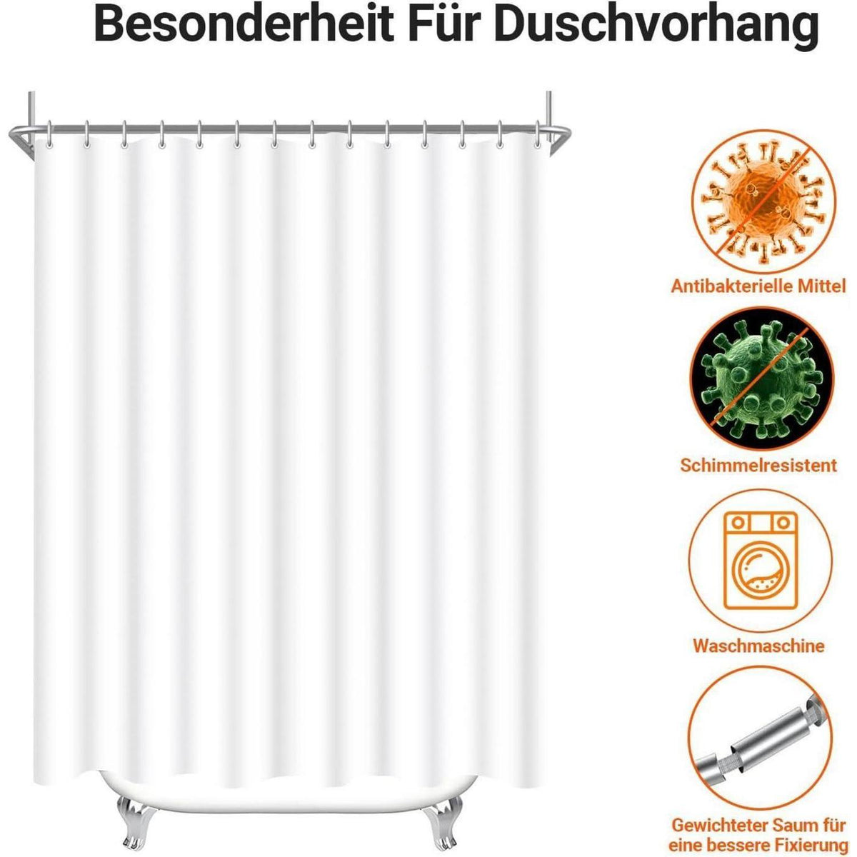 Duschvorhang Reinweiß 240x200cm Textil Wasserabweisend Waschbar