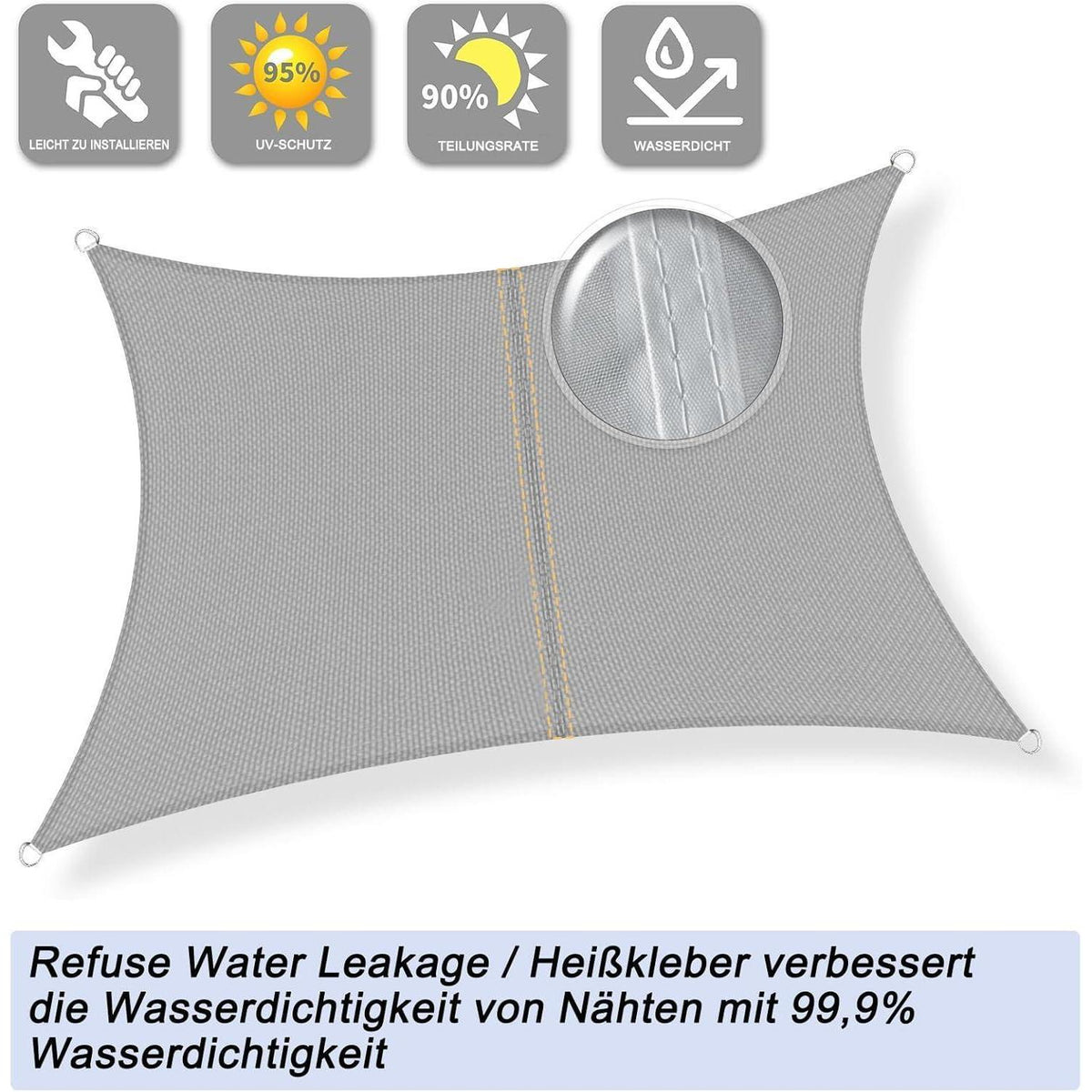 Wasserdichtes Sonnensegel Rechteck 3x5m Grau mit UV-Schutz