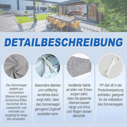 Wasserdichtes Sonnensegel 4x4m Grau mit 95% UV-Schutz