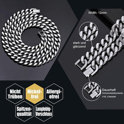 Panzerkette Herren vergoldet Edelstahl, Kubanische Halskette 10/12mm, 46-66cm