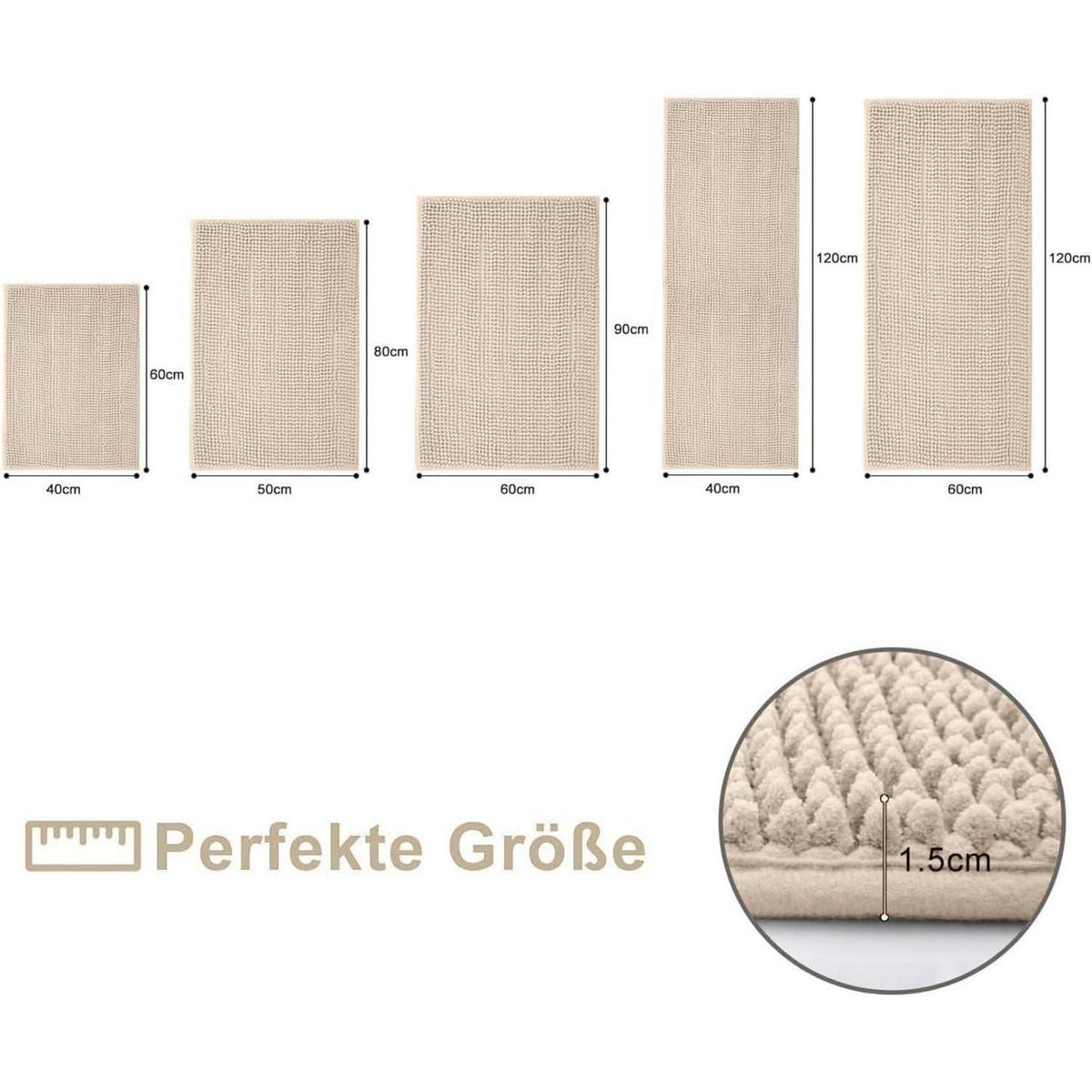 Chenille Badematte rutschfest, weich, saugfähig, 60x90 cm, Beige