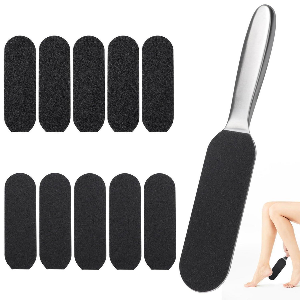 Hornhautfeile Set mit Edelstahlgriff – 50 Pads (25 grob + 25 fein)