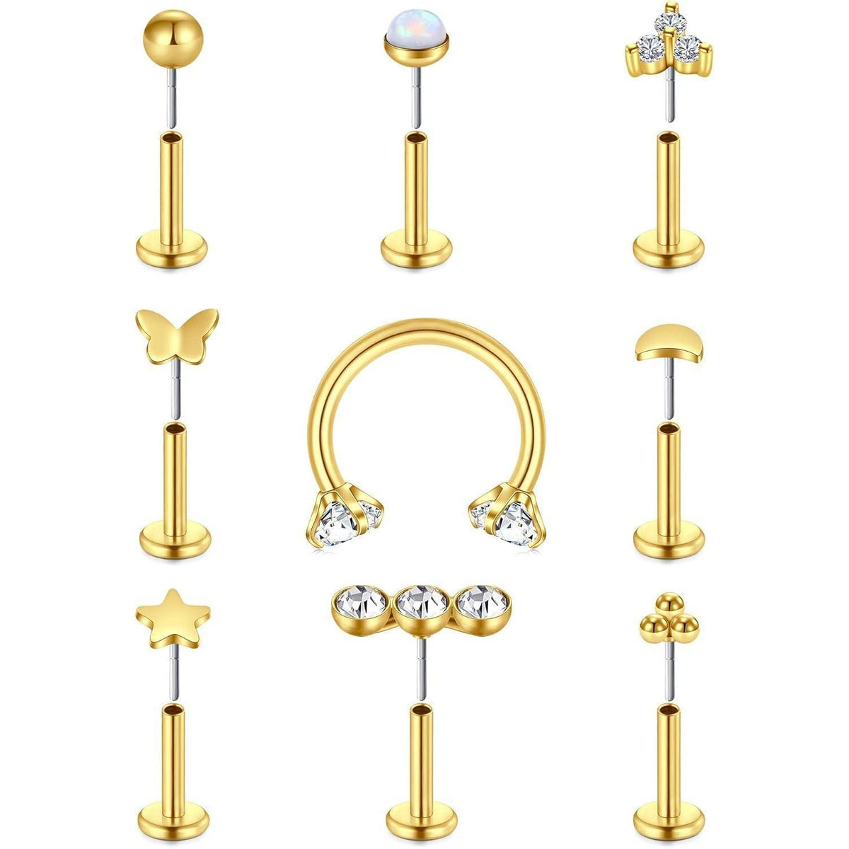 9er Set Labret & Helix Piercing Set Gold 16G Chirurgenstahl