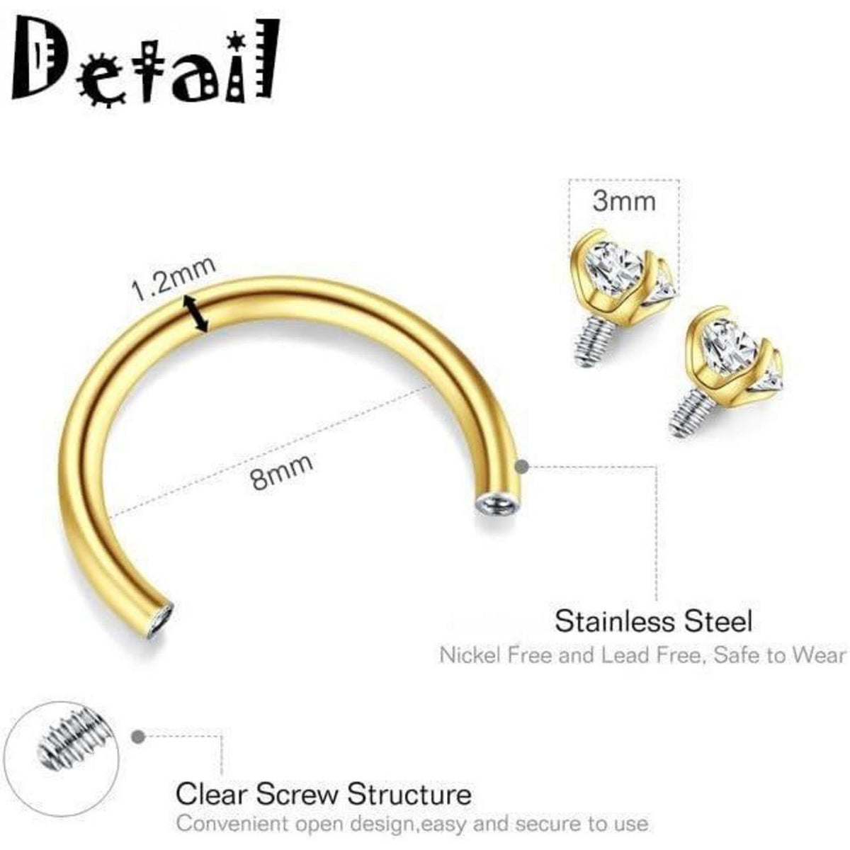 9er Set Labret & Helix Piercing Set Gold 16G Chirurgenstahl
