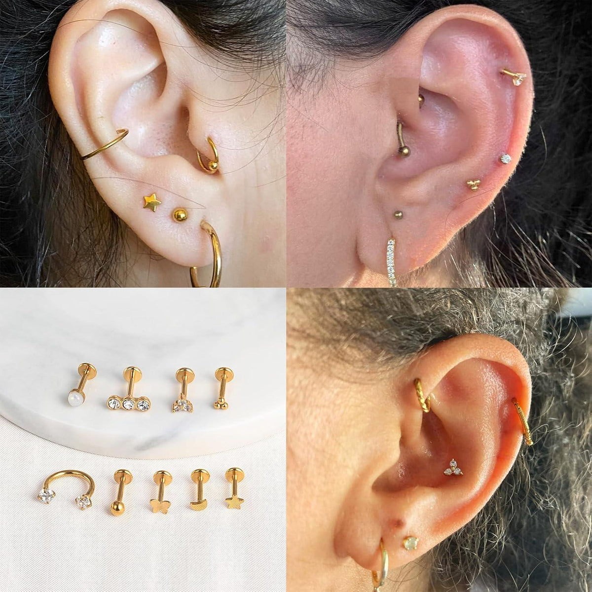 9er Set Labret & Helix Piercing Set Gold 16G Chirurgenstahl