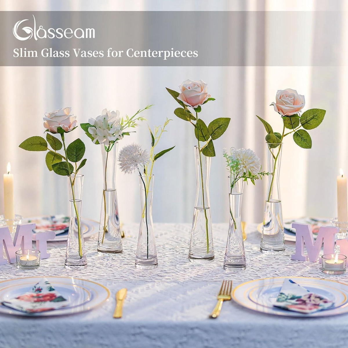 Moderne Glasvase 6er Set 24.5cm Hoch Schmal für Blumen