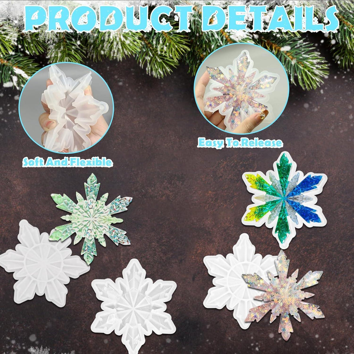 4Pcs Schneeflocken Harzformen Weihnachts Ornament Gießen Kit