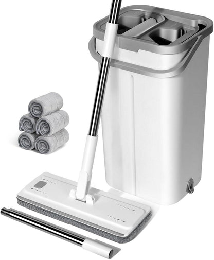 Wischmopp Set mit Eimer und 5 Mikrofaser Moppkopf