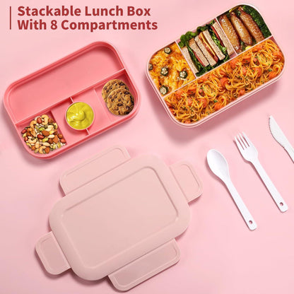 Bento Lunchbox für Erwachsene, 2000ml, 8 Fächer, auslaufsicher, mit Besteck, Rose