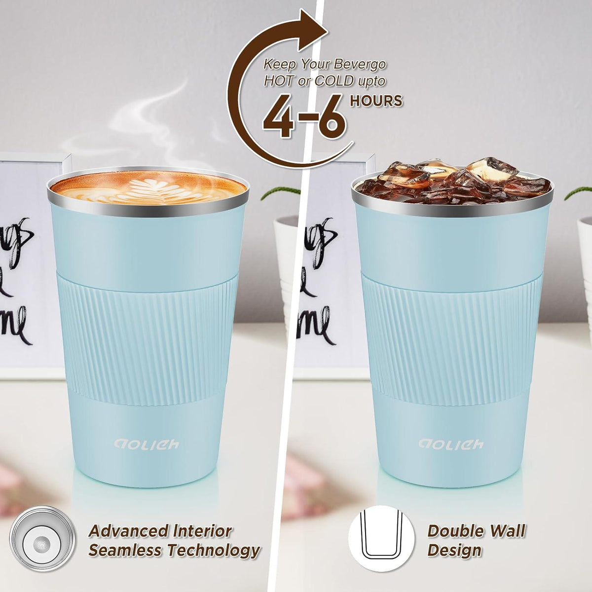 Aolieh Thermobecher Edelstahl Travel Mug Isolierbecher 380ml Hellblau