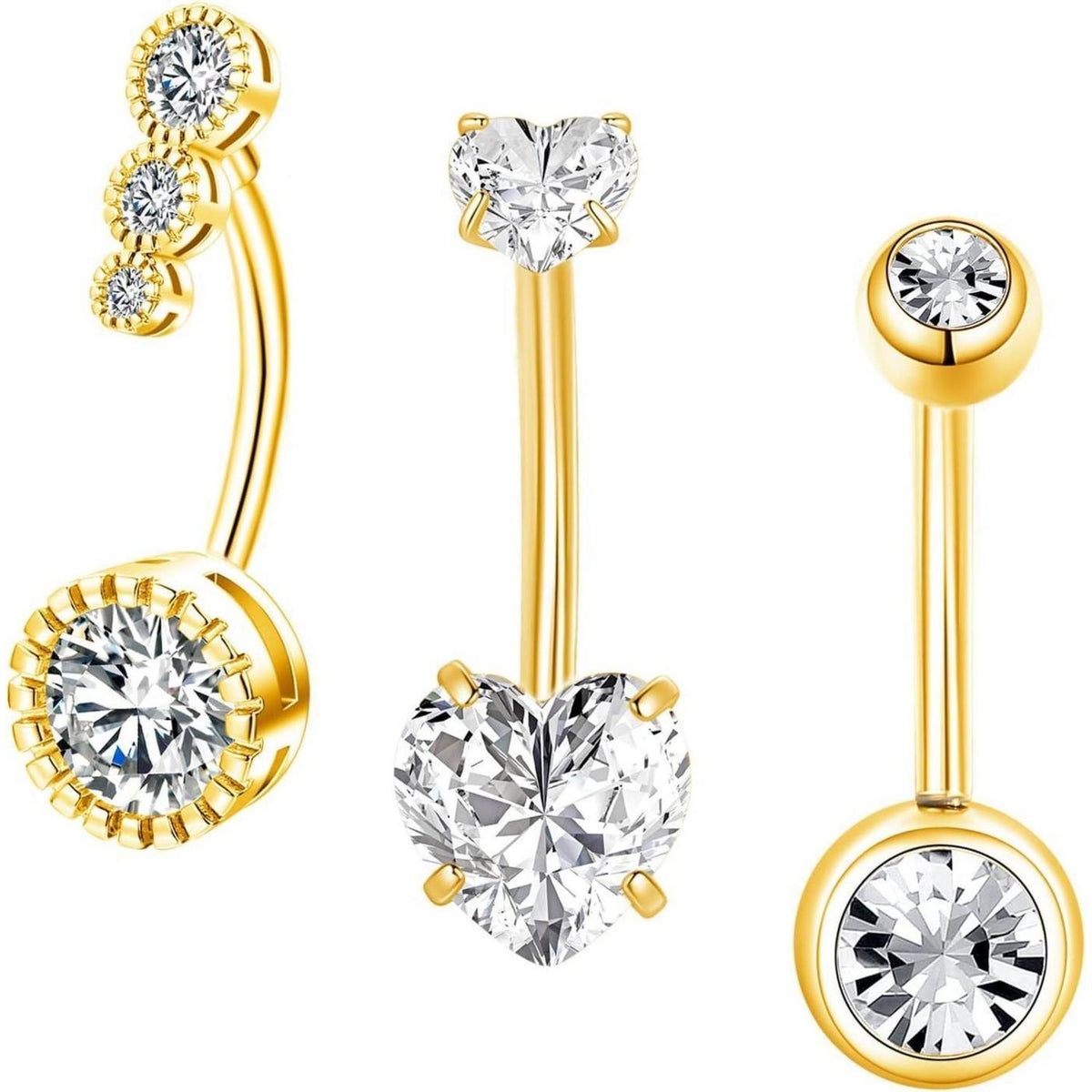 Bauchnabelpiercing 3er Set Edelstahl Zirkonia Gold 14mm