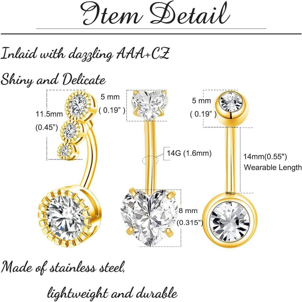 Bauchnabelpiercing 3er Set Edelstahl Zirkonia Gold 14mm