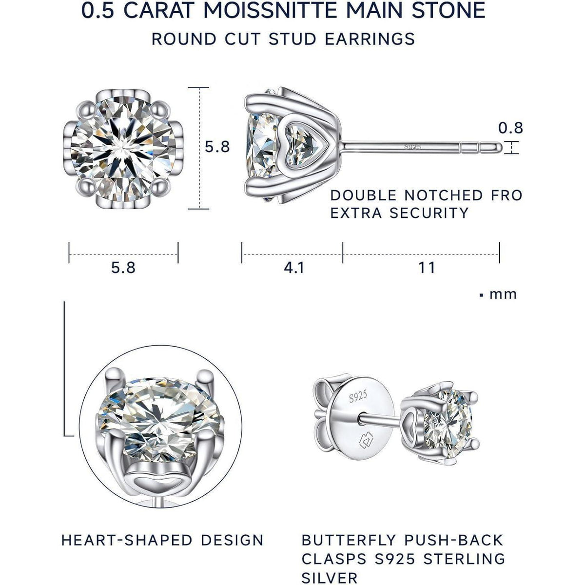Moissanit Ohrstecker Silber 925 Herz 1 Karat Damen